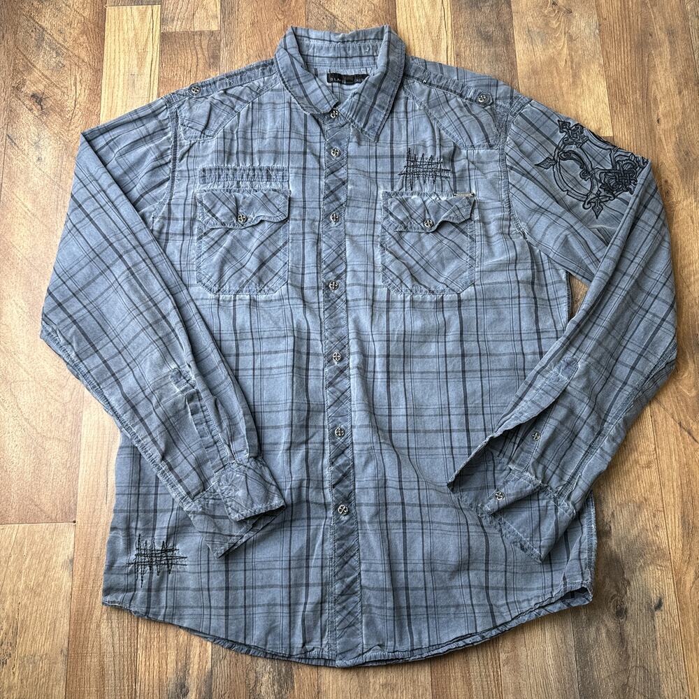 Affliction Shirt Men's XL Blue Y2K Embroidered Plaid Gothic Grunge Cotton‎ 5980